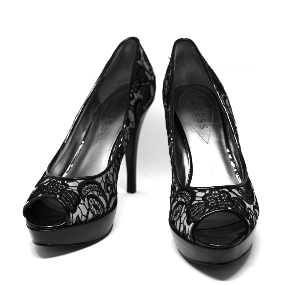 Guess platform lace peep toe heels.